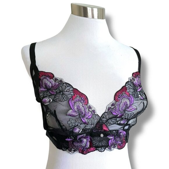 Adore Me Emilie Bralette 1X Black Floral Embroidered Sheer Mesh Wire Free Bra - Picture 3 of 9